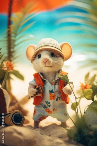 Vintage cute mouse in a summer scene, low angle, warm and sunny, retro summer vibes, vibrant © Pawankorn