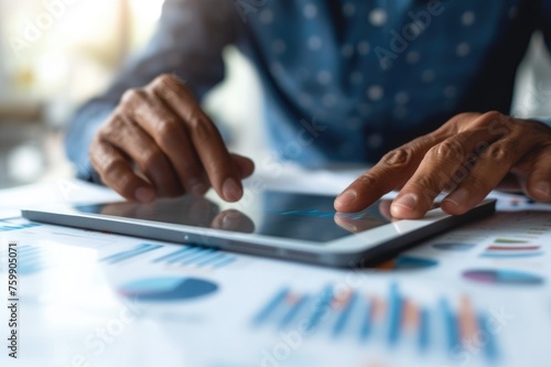 Businessperson analyzing financial statistics on tablet.