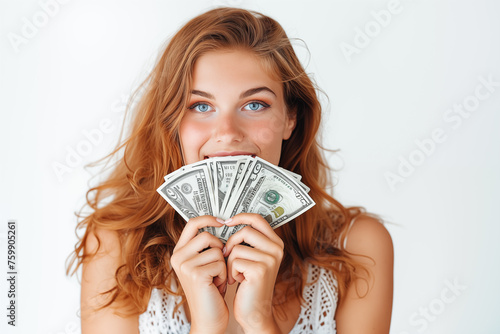 Smailing woman covering her face with money photo