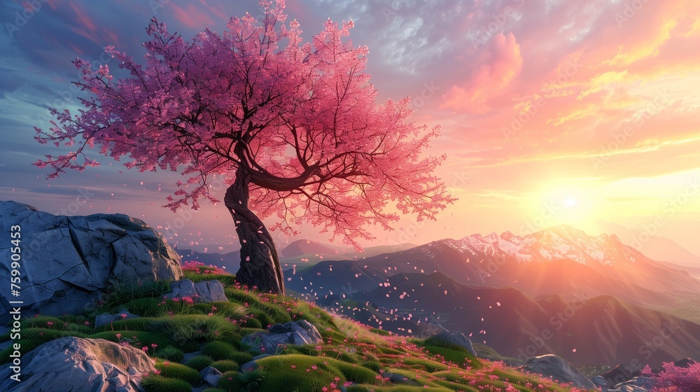 Blossoming cherry tree in spring at sunrise Blossoming cherry tree in spring at sunrise