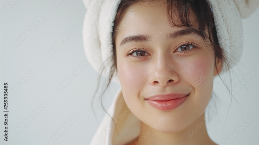 Portrait of a young Asian woman with a towel wrapped around her head against white background. Portrait of a young Asian woman with a towel wrapped around her head against white background.