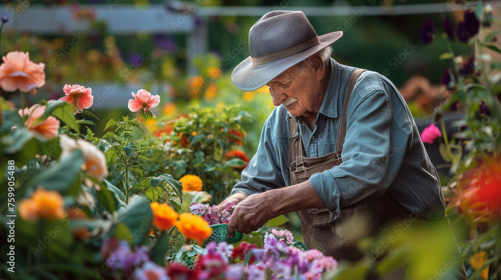 A retired gentleman tending to his backyard garden, cultivating a colorful array of flowers and vegetables with tender loving care — ventures, travel, entertainment and hobbies, ha A retired gentleman tending to his backyard garden, cultivating a colorful array of flowers and vegetables with tender loving care — ventures, travel, entertainment and hobbies, ha