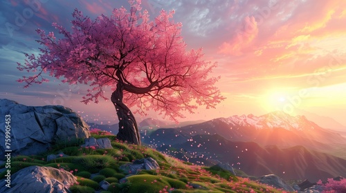 Blossoming cherry tree in spring at sunrise