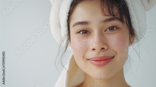 Portrait of a young Asian woman with a towel wrapped around her head against white background.