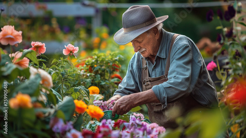 A retired gentleman tending to his backyard garden, cultivating a colorful array of flowers and vegetables with tender loving care — ventures, travel, entertainment and hobbies, ha © Лариса Лазебная