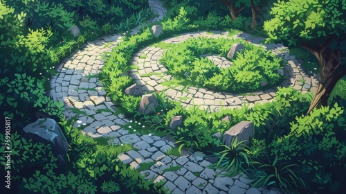 A serene spiral stone path winds through a vibrant forest glade, dappled with sunlight and the fresh green of new growth.