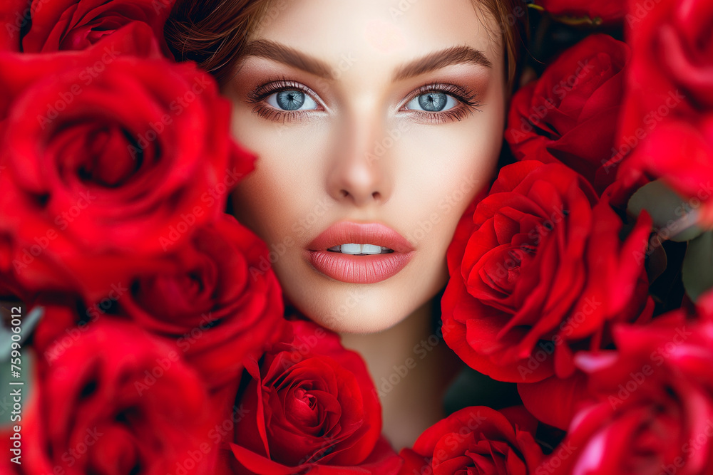 Beautiful Girl With ros Flowers.Beauty Model Woman Face. Perfect Skin. Fashion Art,Professional Make-up.Makeup.
