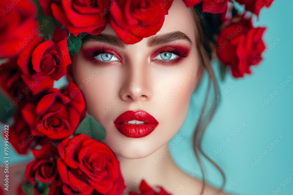 Beautiful Girl With rose Flowers.Beauty Model Woman Face. Perfect Skin. Fashion Art,Professional Make-up.Makeup.