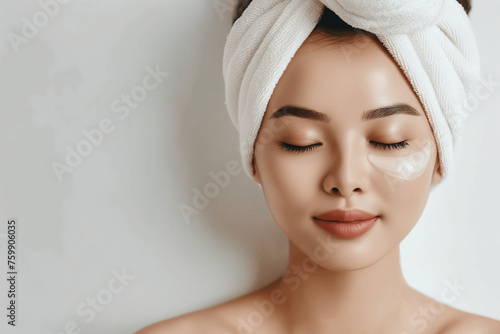 Beautiful young asian woman with clean fresh skin on white spa background, Face care, Facial treatment, Cosmetology, beauty and spa