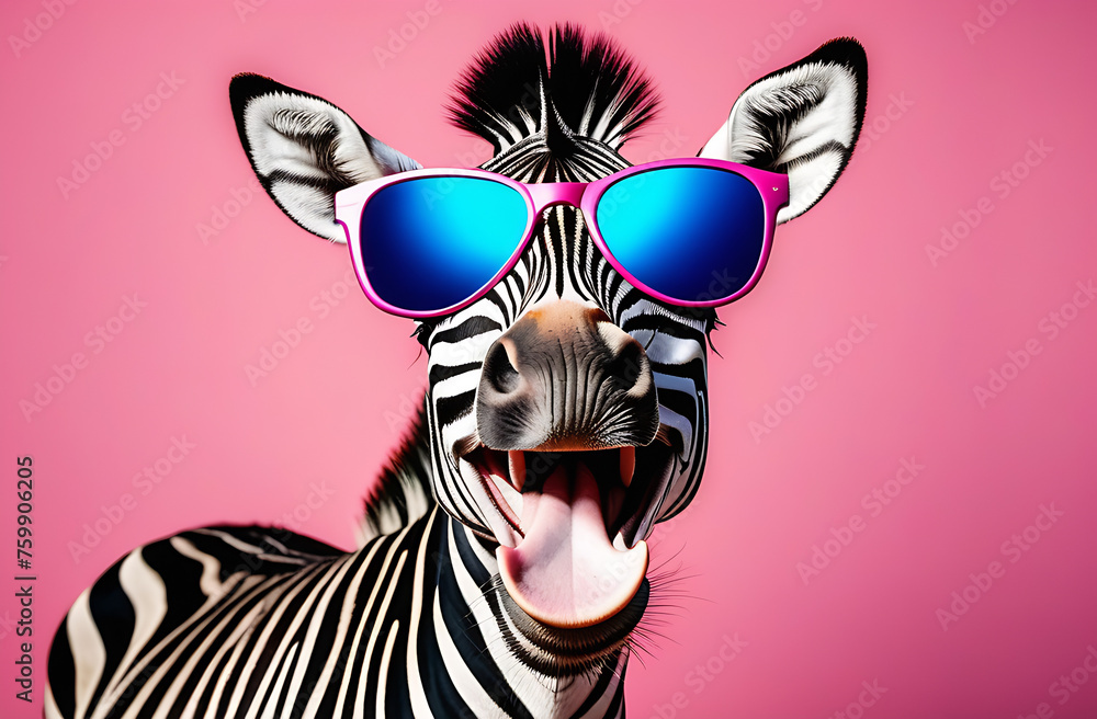 Funny zebra with wide smile , laughing in sunglasses on pink background Funny zebra with wide smile , laughing in sunglasses on pink background