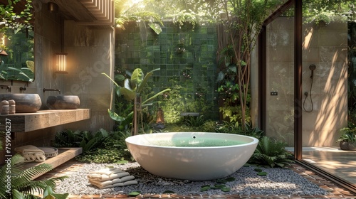 An eco-friendly modern bathroom design featuring a freestanding bathtub surrounded by lush greenery and bathed in natural sunlight  creating a tranquil spa-like atmosphere.