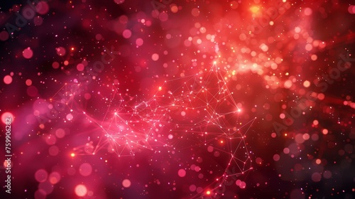 Abstract digital background with a network of connections amidst a field of red bokeh lights, depicting data technology or neural networks.