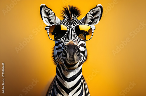 Funny zebra in sunglasses on yellow background