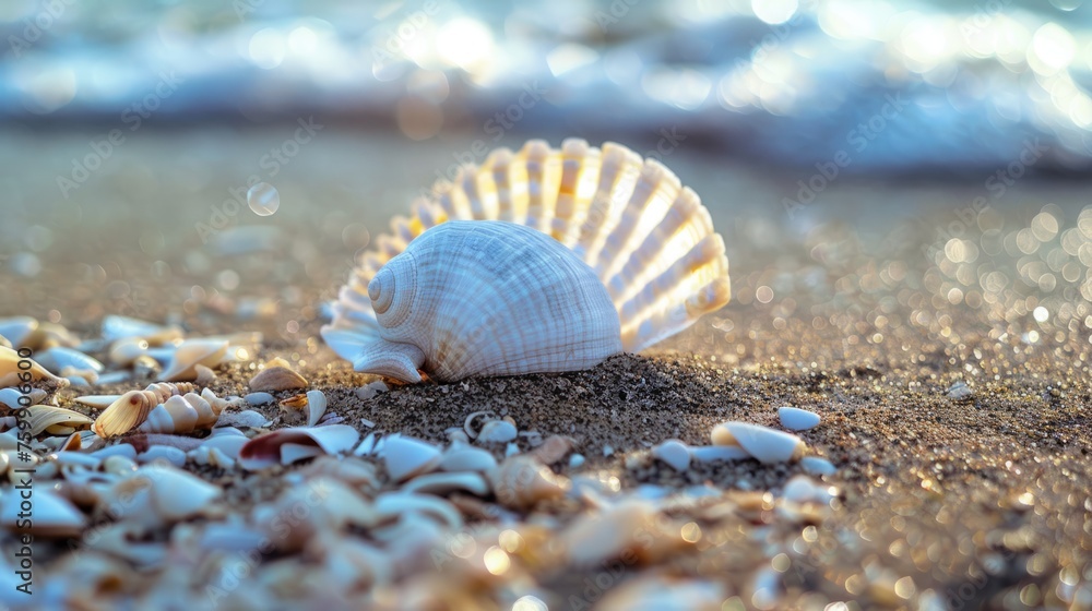 Seashells on the beach, island tourism concept, beach shell screen saver, advertising screen, public service advertisement Seashells on the beach, island tourism concept, beach shell screen saver, advertising screen, public service advertisement