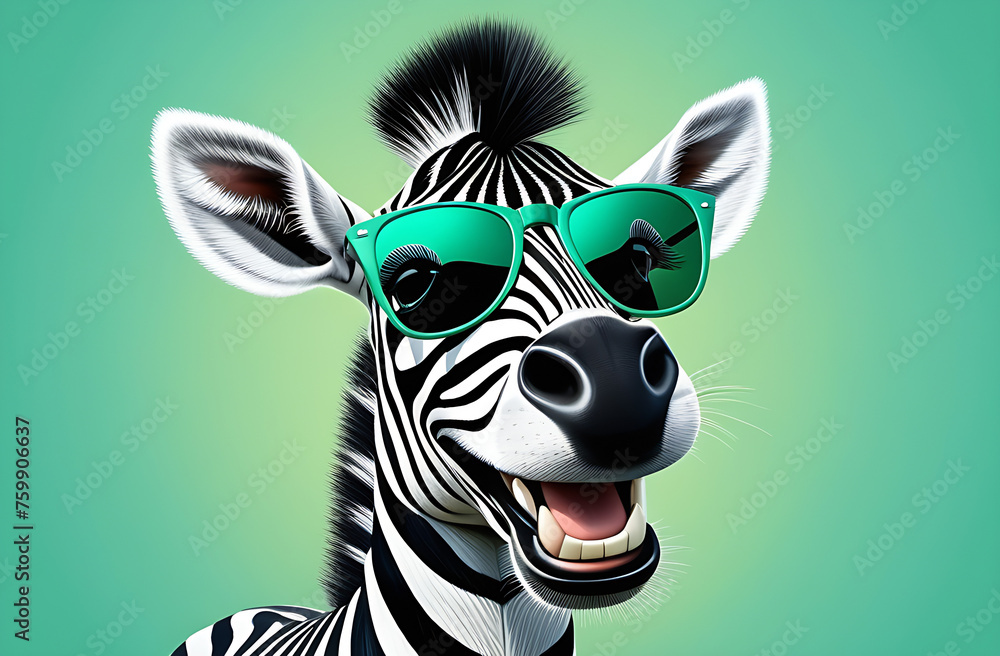 Funny zebra with wide smile , laughing in sunglasses and on light green background