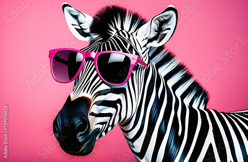 Funny zebra in sunglasses on pink background