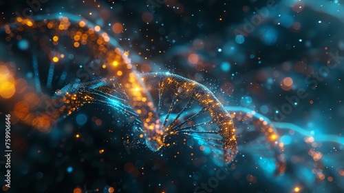 A striking image of a DNA double helix surrounded by a swarm of glowing particles, evoking the dynamic nature of genetic science and discovery.