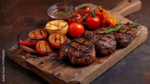Succulent thick juicy portions of grilled fillet steak served with tomatoes and roast vegetables on wooden board