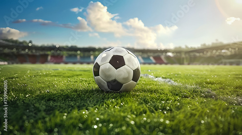 soccer ball on goal with stadiem background © arisa