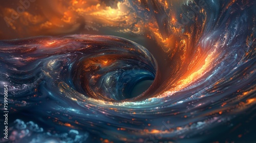 An evocative scene depicting a celestial maelstrom, with swirling currents of fire-like clouds and starlight spiraling into the depths of space.