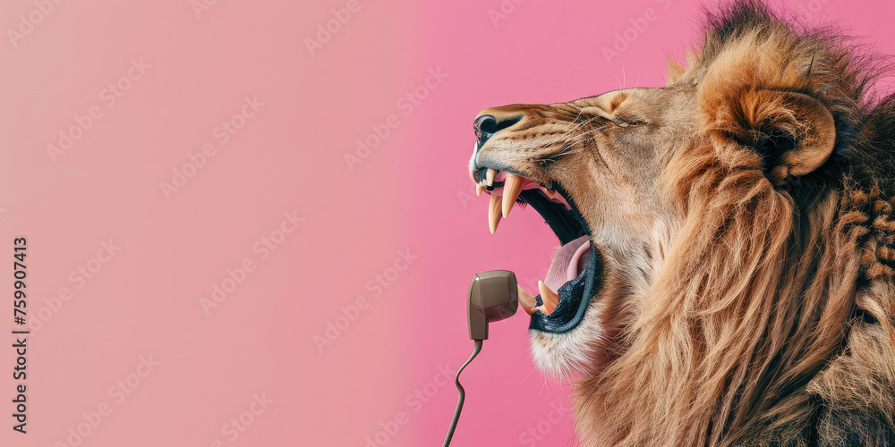 Portrait of angry lion growling into telephone receiver on a simple flat pink background, copy space. Creative concept of phone spam, anger, scammers annoying. - obrazy, fototapety, plakaty 