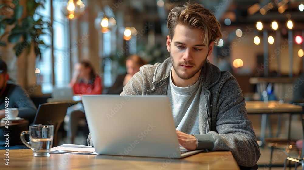 Man working on laptop in cafe, blurr people in background Man working on laptop in cafe, blurr people in background