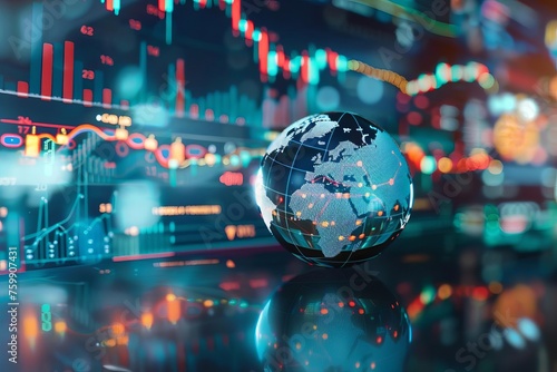 Global economy concept with a world map projected on a transparent crystal ball Surrounded by dynamic financial charts and figures.