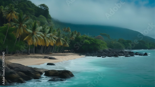View of natural background of tropical beach and mountain close-up, with blurred fog scattered in the rainy season or the humid climate, with beautiful green trees in the ecological system