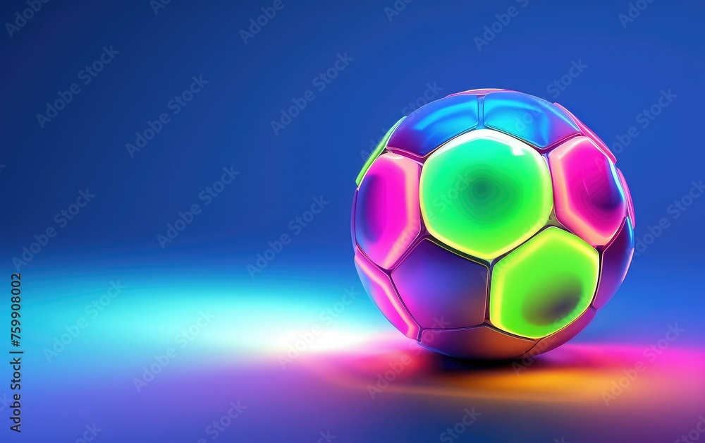 Naklejka premium Abstract glowing neon colored soccer ball over blue background, space for text.