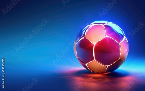 Abstract glowing neon colored soccer ball over blue background  space for text.