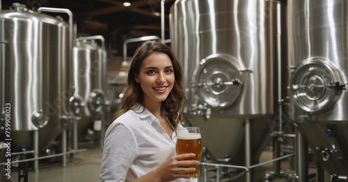 A young female brewer with beer in a modern beer production factory, woman brewery worker, Generative AI