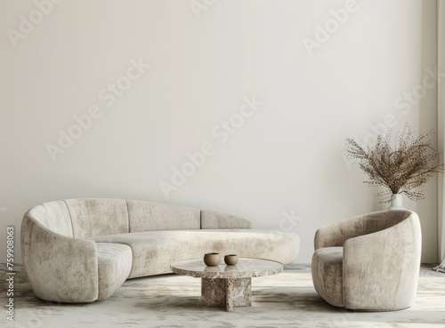 Beige curved sofa and armchairs with marble coffee table against white wall in minimalist living room interior mockup photo
