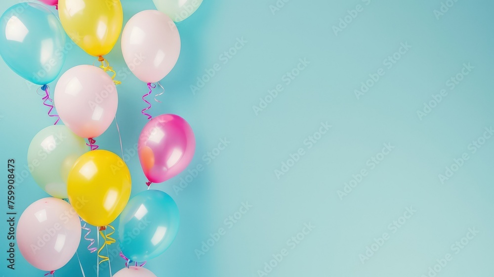 Bunch of bright balloons on light blue background, space for text. Banner design. Bunch of bright balloons on light blue background, space for text. Banner design.
