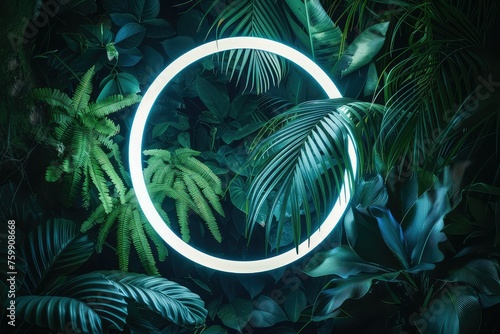 Circular neon light with tropical foliage against a natural background.