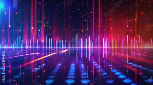 Digital equalizer sound wave vector illustration. Music neon background. Illuminated digital wave of glowing particles.