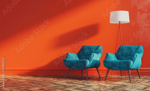 3D rendering of a blue armchair and turquoise chair with a lamp on a wooden floor in a room with orange walls as the background