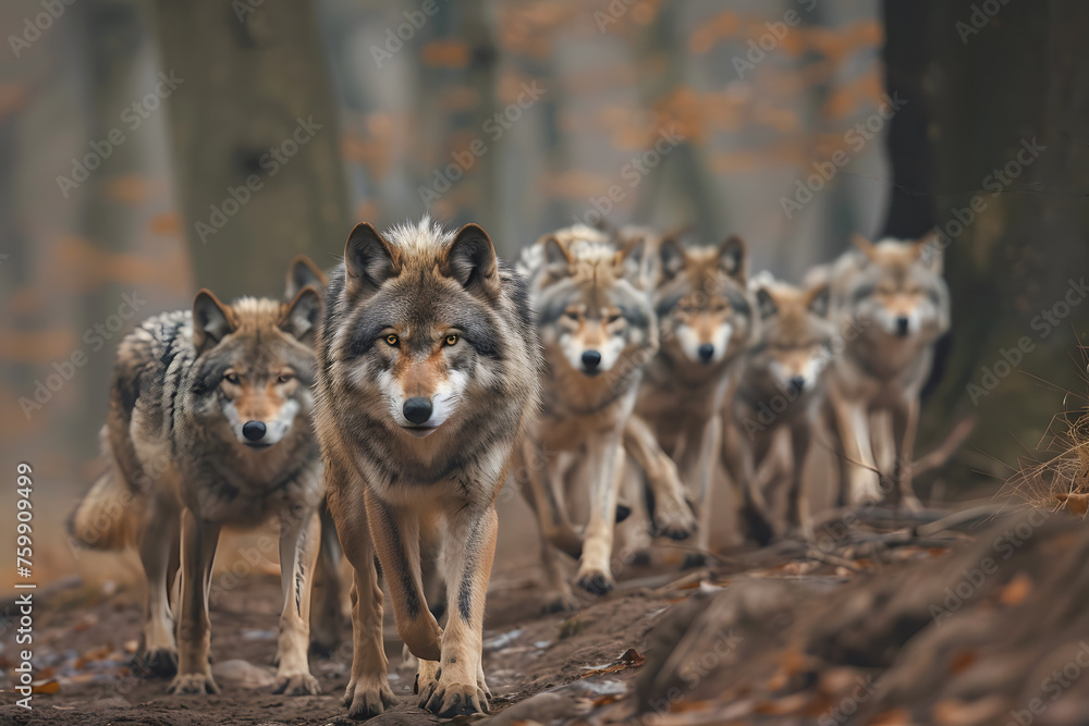 
Pack of wolves in the wild walking through a forest looking at the camera
