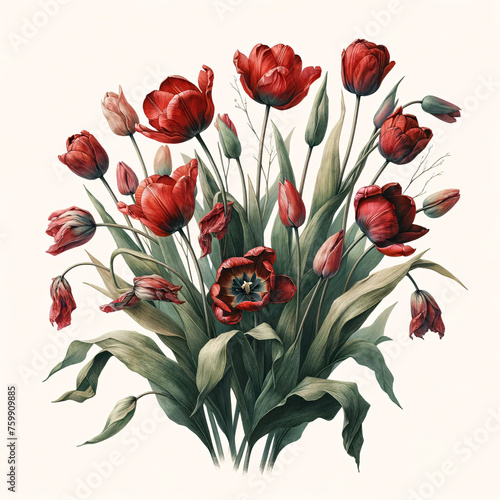 Bouquet of wilted red tulips in a simplistic watercolor style. Perfect for cards  invitations  or cover for creating springtime atmosphere. 