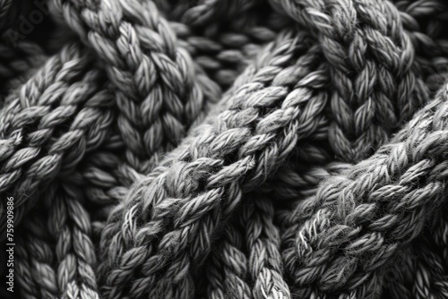A black and white photo featuring a coiled rope on a textured surface.