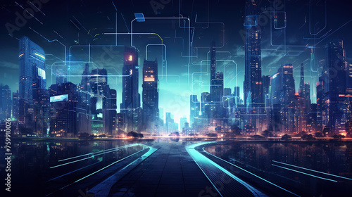 Neon technology city business concept with skyscraper buildings and virtual network connection.