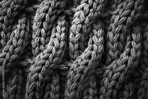A black and white close-up of a thick rope resting on a textured surface.