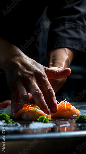 Expert Sushi Chef Precisely Prepares Nigiri Sushi in Gourmet Restaurant