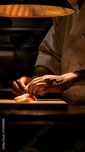 Expert Sushi Chef Precisely Prepares Nigiri Sushi in Gourmet Restaurant