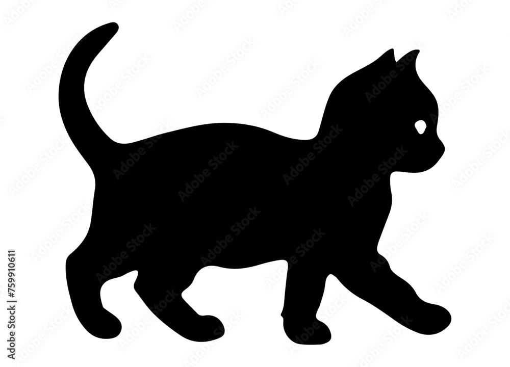 black silhouette of a cat on a white background, cute baby cat silhouette