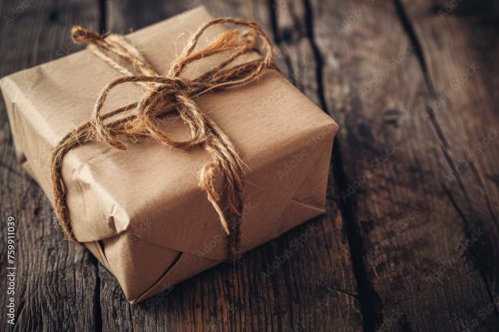 A photo showing a gift box covered in wrapping paper placed on a wooden table, A rustic handcrafted gift box wrapped in brown paper and twine, AI Generated A photo showing a gift box covered in wrapping paper placed on a wooden table, A rustic handcrafted gift box wrapped in brown paper and twine, AI Generated