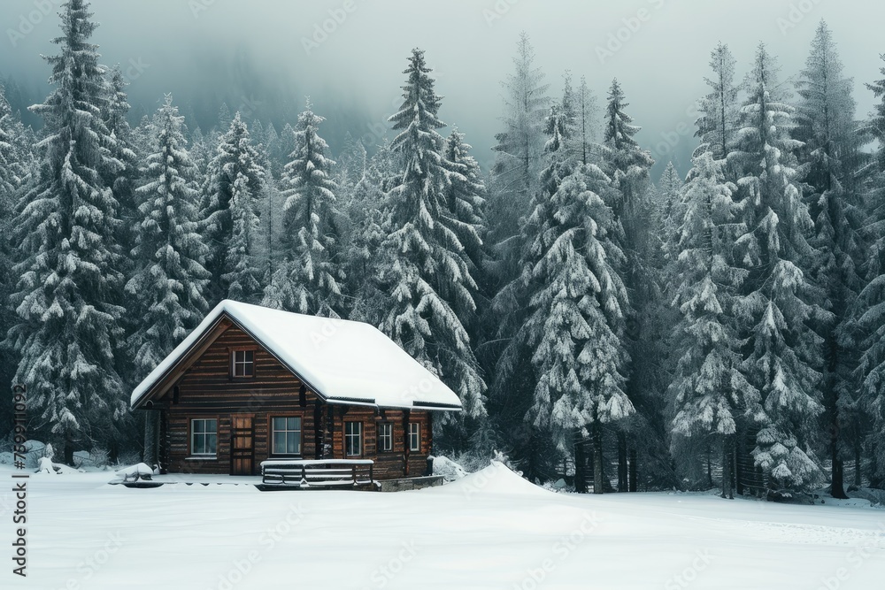 An isolated cabin sits in the midst of a snowy forest, with snow-covered trees surrounding it, A rustic log cabin secluded in a dense winter forest, AI Generated