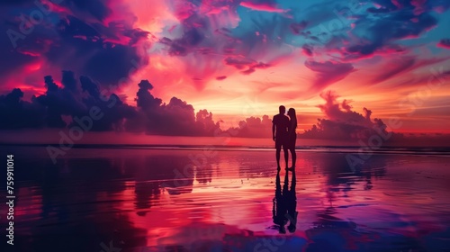 silhouette of couple on the beach at sunset, staring at the the dreamy sky. Romantic evening.
