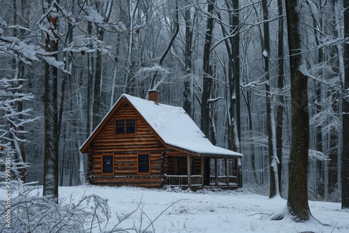 A log cabin surrounded by a snowy landscape in a dense forest, A rustic log cabin secluded in a dense winter forest, AI Generated © Iftikhar alam