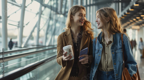 Young women are sharing a joyful moment together in an airport terminal © MP Studio