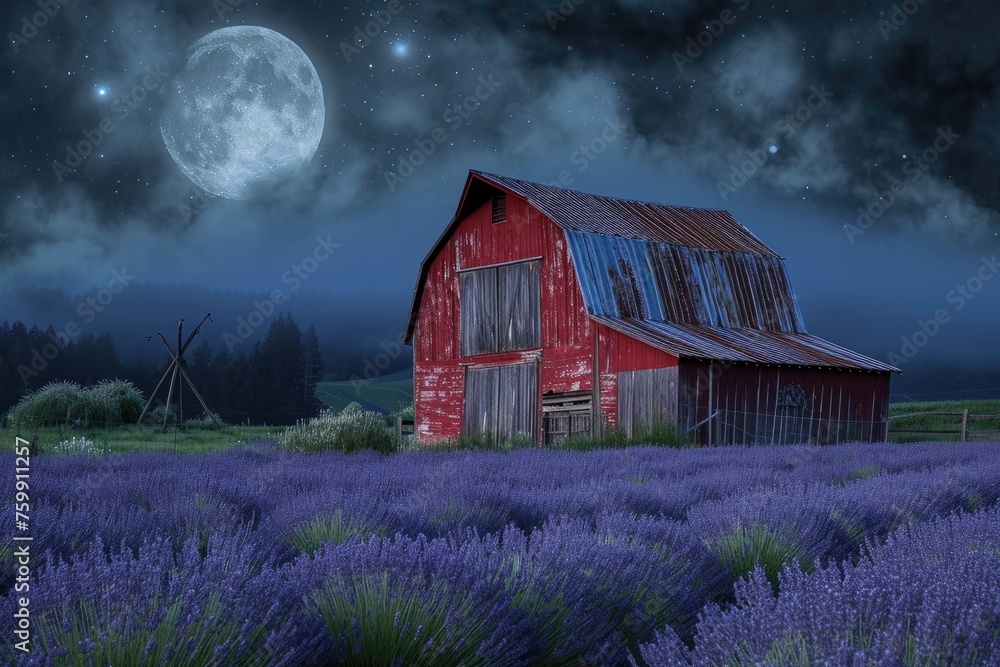 A red barn stands in a vibrant lavender field, with a full moon shining in the background, A rustic red barn surrounded by a field of lavender under a soft moonlight, AI Generated A red barn stands in a vibrant lavender field, with a full moon shining in the background, A rustic red barn surrounded by a field of lavender under a soft moonlight, AI Generated